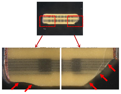 從破裂的現(xiàn)象與電容廠(chǎng)商切片的照片看來(lái)，破裂的痕跡從端接處以斜角裂開(kāi)，電容零件的確像是機(jī)械外應(yīng)力所造成的破裂。