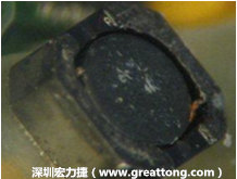 使用銀(Ag)鍍層的電源電感器(Power Inductors)，經(jīng)過推力測試后，零件端點上已經(jīng)看不到任何鍍層的痕跡了，所以其耐推力就比較小。