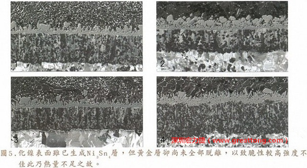 下面四圖顯示，當(dāng)焊接的熱量不足或未持續(xù)時(shí)，雖然Ni3Sn4的薄薄IMC層已經(jīng)生成而焊牢，但也會(huì)因?yàn)锳uSn及AuSn2還未來得及逸走，而停留在共金介面附近，當(dāng)有外力拉扯的時(shí)候，就很容易斷裂開來。這就是為何ENIG的焊點(diǎn)強(qiáng)度，始終不如銅面焊點(diǎn)(Cu6Sn5)來得更為牢固的主因之一。