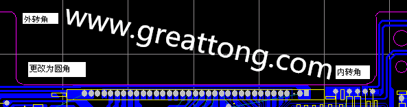 PCB設(shè)計(jì)時(shí)單面板的轉(zhuǎn)角都需為圓角，R1.0mm或R2.0mm為宜。