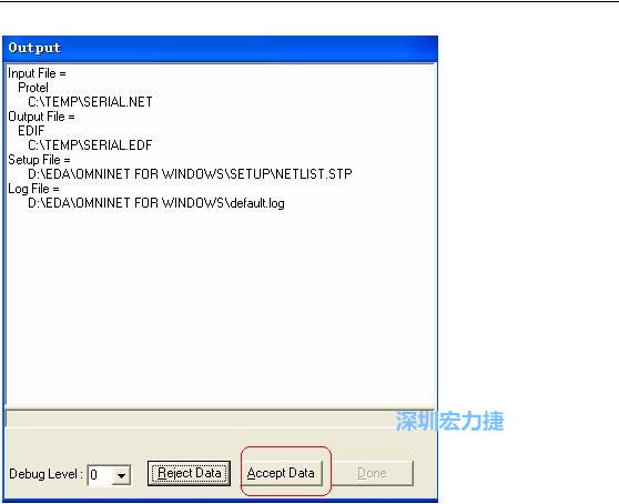 系統(tǒng)彈出一個(gè)輸出窗口，點(diǎn)擊 Accept Data。完成后點(diǎn)擊“確定”，再點(diǎn)擊“Done”關(guān)閉輸出窗口。退出 Omninet for Windows。