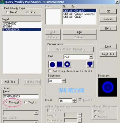 分析文件完成后，點擊菜單Setup→Pad Stacks調(diào)出焊盤堆設置窗口，將Pad Stack Type改為Via