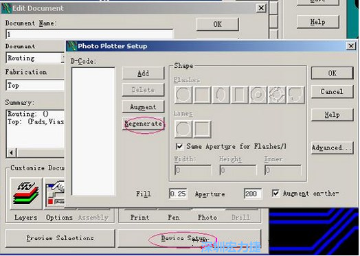 當(dāng)Gerber和鉆孔都設(shè)置完后，選擇一貼片元件較多的層（一般為T(mén)op層），點(diǎn)擊Device SetupPhoto，將 Plotter Setup窗口D-Code欄原有的D碼刪除并按Regenerate重新生成