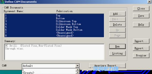回到Dsfine CAM Documents窗口 ，將所有須輸出的文件用鼠標(biāo)拉住選擇，按Run輸出，默認(rèn)輸出路徑是安裝目錄的\CAM\default，也可按CAM的Create更改