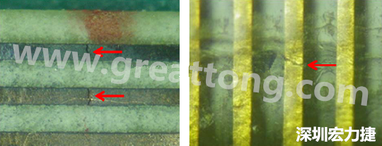 一旦找到確切的銅箔線路斷裂位置，如果還是無法觀察到斷裂的現(xiàn)象，就試著在顯微鏡下彎曲該位置的軟板，這樣就可以突顯并放大斷裂銅箔的開口了。 