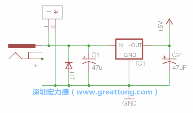 2.5.    新增一個(gè)二極體，它會(huì)以水平的狀態(tài)出現(xiàn)在屏幕上，請(qǐng)使用「旋轉(zhuǎn)（Rotate）」工具把它負(fù)極那一面朝上，并且用「網(wǎng)絡(luò)連接」工具將它連接在電壓調(diào)整器的輸入端和接地端之間。