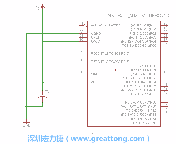 3.1.    新增微控制器晶片（RBBB → ATmega），把它放在電路原理圖的中央附近，把它的兩個(gè)接地接頭連接到接地訊號(hào)端。