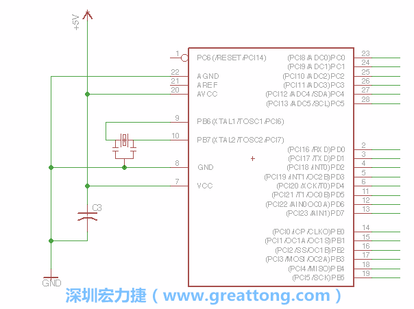 3.2.    在靠近ATmega的電源供應(yīng)針腳7的位置放置一個(gè)0.1μF的電容，將它分別連接電源、接地端和針腳7。