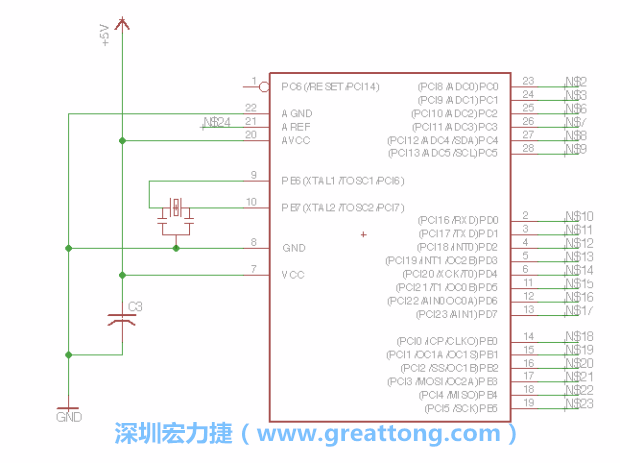 3.3.    將共鳴器（resonator）放置在針腳9和針腳10附近，將它的三個(gè)針腳連接如圖所示，并確認(rèn)最中間的針腳有連到接地端。