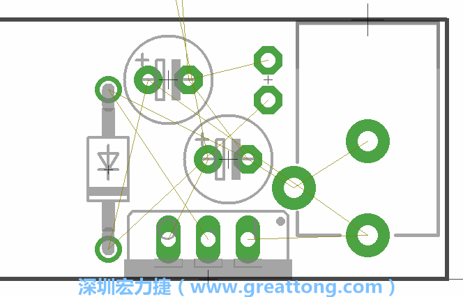 如同第一篇的步驟，我們將從電源迴路開始著手，移動電源插座（Power Jack）、電壓調(diào)整器、二極體、兩個電容和輔助接頭JP1到如上圖所示的位置。