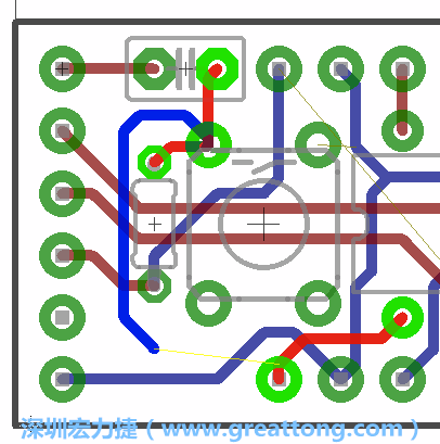 要在電路板正面進行+5V信號線連結(jié)和其他連結(jié)點的布線工作是非常容易的，而重置信號線（信號線用來連結(jié)電路板正面左邊的重置開關(guān)）需要經(jīng)過一個可以通過電路板正反兩面的電路通道，這個通道是一個可以讓電路板正反兩面線路連接的一個小孔。