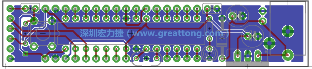 第二篇文章則帶領(lǐng)你進行電路板上的布線、連結(jié)點的配置，并利用「設(shè)計規(guī)則檢查（Design Rule Check）」測試你的設(shè)計，第二篇文章的電路板設(shè)計圖將如下所示：