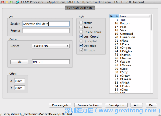打開「excellon.cam」的工作項目并建立drill文件（副檔名為「.dri」和「.drd」），之后你只會用到「.drd」的文件檔；「.dri」的文件只是解釋用資料（所謂后設(shè)資料）而已。