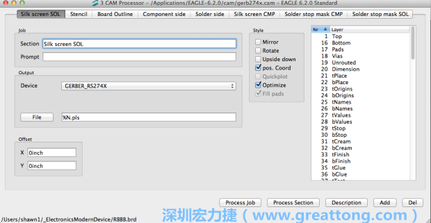 假如你有匯入點陣圖圖層（抑或是有某個圖層是你不想要它們出現(xiàn)在絲印上的），請再次確認標簽列下面被指定的圖層都是正確無誤的。