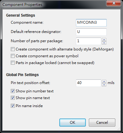 按下工具  "Create a new component"， 出現(xiàn)底下畫面， 按下OK后， 產(chǎn)生MYCONN3/U? 文字重迭在一在， 把它們分開(用mouse選擇并按下"M"， 即可移動(dòng))