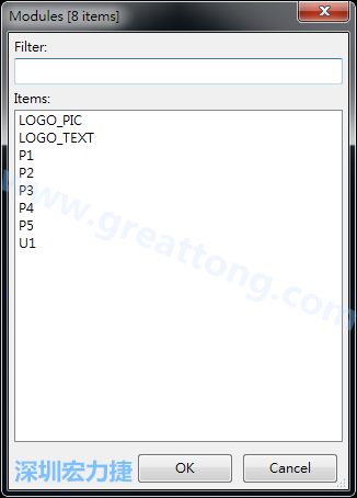從目前正在編輯的PCB載入Module， 會顯示有那些項目可載入。點選一個， OK后即完成載入