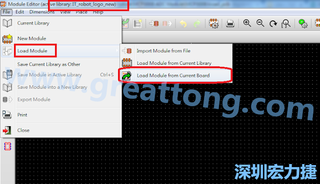 進入Module Editor去載入其他Footprint(Module)進來， 從目前的Active library (不過要先選取一個Current library ) 載入Module 或從目前正在編輯的PCB載入Module。