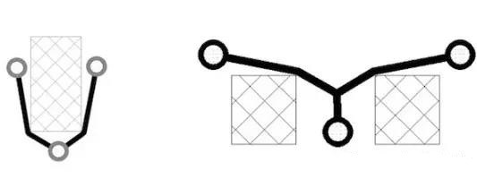 圖12：樹和(灰色顯示的)障礙物。(a)最小生成樹，(b)Steiner樹。