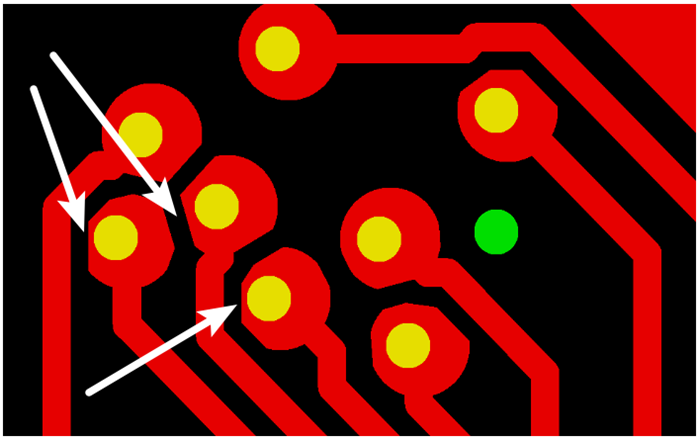 按源文件文件數(shù)據(jù)計算，孔邊緣到線邊緣6mil，孔環(huán)4mil，環(huán)到線只有2mil，保證環(huán)到線之間有3mil的安全間距需削1mil焊環(huán)，削后焊盤只有3mil