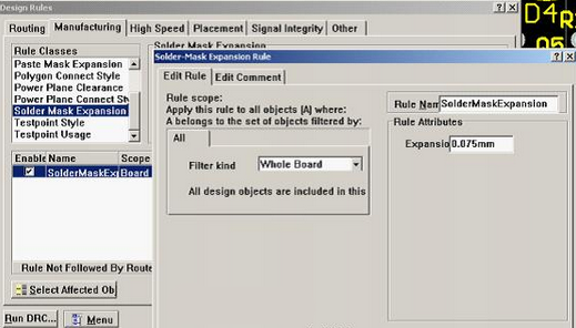 5. 而對于阻焊的調(diào)整則可以通過按D、R調(diào)出[Manufacturing]制作設(shè)計規(guī)則的[Solder-Mask Expansion Rule]設(shè)置項直接設(shè)定單邊放大值