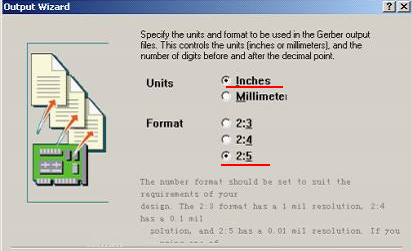 在上圖中選擇“Inches 2：5”，以確保資料精度，反之線寬、線距或孔有偏移現(xiàn)象
