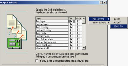 按“Next”，點擊“Menu”將Plot Layers置為Used On，Mirror Layers置為All Off后按“Next”